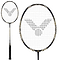 The Victor Jetspeed S10C Badminton Racket - Black Gold, made with Japanese carbon fibre, features a white string pattern and a stylized bird logo. Golden accents adorn the frame and handle, with a detailed close-up of its head displayed on the right side of the image.