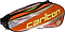 An orange and silver Carlton Kinesis Tour 2 Comp 6 Piece Racket Bag designed by Carlton to carry up to 6 rackets, featuring the brand name prominently printed in yellow. Its sleek design is further enhanced by reflective stripes and zippers, making it ideal for transporting sports equipment.