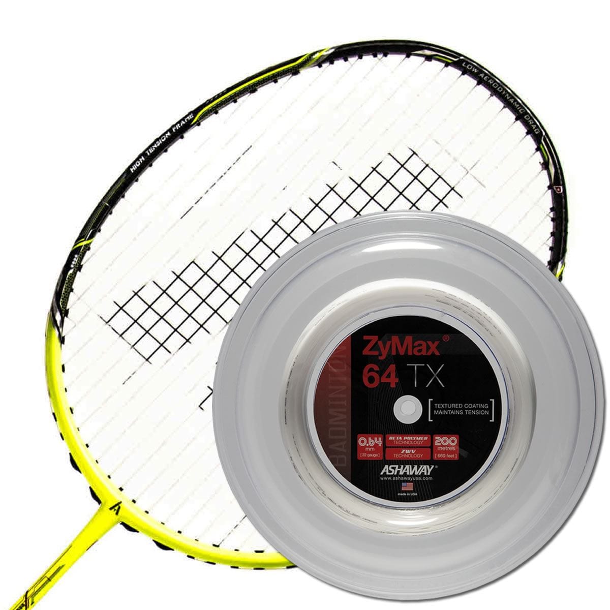 A yellow and black badminton racket rests next to a spool of Ashaway Zymax 64 TX White badminton string, measuring 0.64mm in diameter and spanning 200 meters. The transparent reel is adorned with a red and black label, highlighting the use of advanced BETA polymer fibers for improved performance through its ZyWeave string technology.