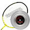 A yellow and black badminton racket rests next to a spool of Ashaway Zymax 64 TX White badminton string, measuring 0.64mm in diameter and spanning 200 meters. The transparent reel is adorned with a red and black label, highlighting the use of advanced BETA polymer fibers for improved performance through its ZyWeave string technology.