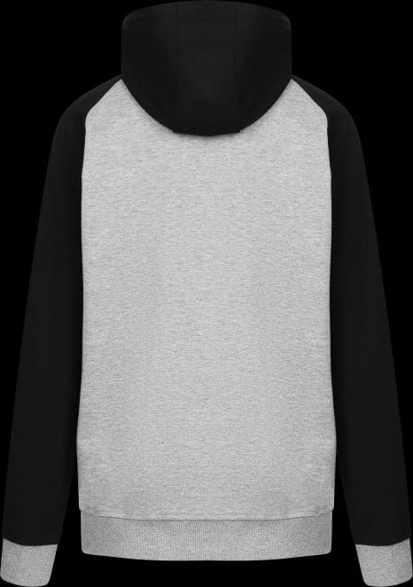 A back view of the Victor Sweater Jacket V-13400 H from Victor, featuring a light gray body with black sleeves. The hood and ribbed cuffs are also black, providing a striking contrast. The jacket is displayed against a plain black background.