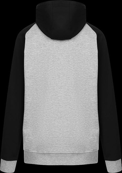 A back view of the Victor Sweater Jacket V-13400 H from Victor, featuring a light gray body with black sleeves. The hood and ribbed cuffs are also black, providing a striking contrast. The jacket is displayed against a plain black background.