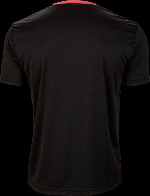 A Victor Team Line Unisex Badminton T-Shirt T-03101 C in black, showcasing a red stripe across the upper back. Its smooth, slightly glossy fabric is designed with moisture-wicking properties, making it ideal for teamwear.