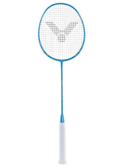 The Victor Auraspeed 2000M Badminton Racket - Blue by Victor, ideal for intermediate club players, showcases a blue frame paired with a white grip and boasts a distinctive string pattern creating a logo on the head. This stylish racket is elegantly positioned against a simple white backdrop.