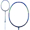 The Li-Ning Windstorm 72 6U Badminton Racket in Dark Blue (Unstrung) features an ultra-lightweight design with colorful accents in shades of green and pink, and a white grip on the handle. Its head-heavy balance ensures stability, while a smaller inset image highlights the stringed area to emphasize maximum speed.