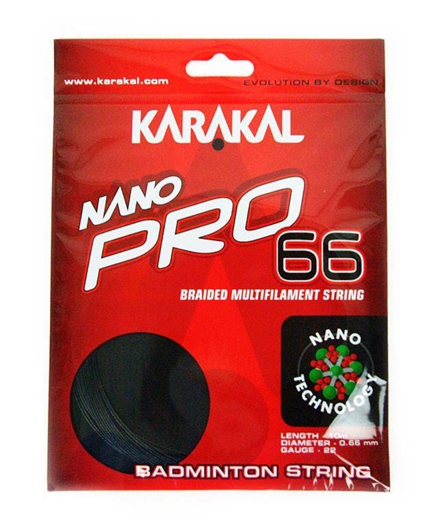 The packaging for the Karakal Nano Pro 66 Badminton String in black features a design emphasizing "Nano Technology," showcasing a robust multifilament image. It offers superior control with a length of 10m and a diameter gauge of 0.66mm (gauge 22). The phrase "Evolution by design" is printed prominently at the top.