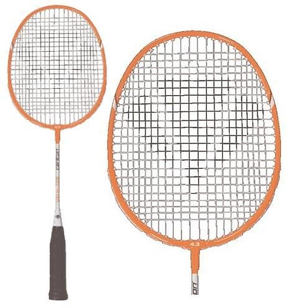 Two Carlton Midi-Blade ISO 4.3 Junior Badminton Rackets in white and orange with black grips are displayed. One racket stands upright, while the other is slightly angled, showcasing the grid-like pattern of strings against a plain white background.