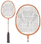 Two Carlton Midi-Blade ISO 4.3 Junior Badminton Rackets in white and orange with black grips are displayed. One racket stands upright, while the other is slightly angled, showcasing the grid-like pattern of strings against a plain white background.