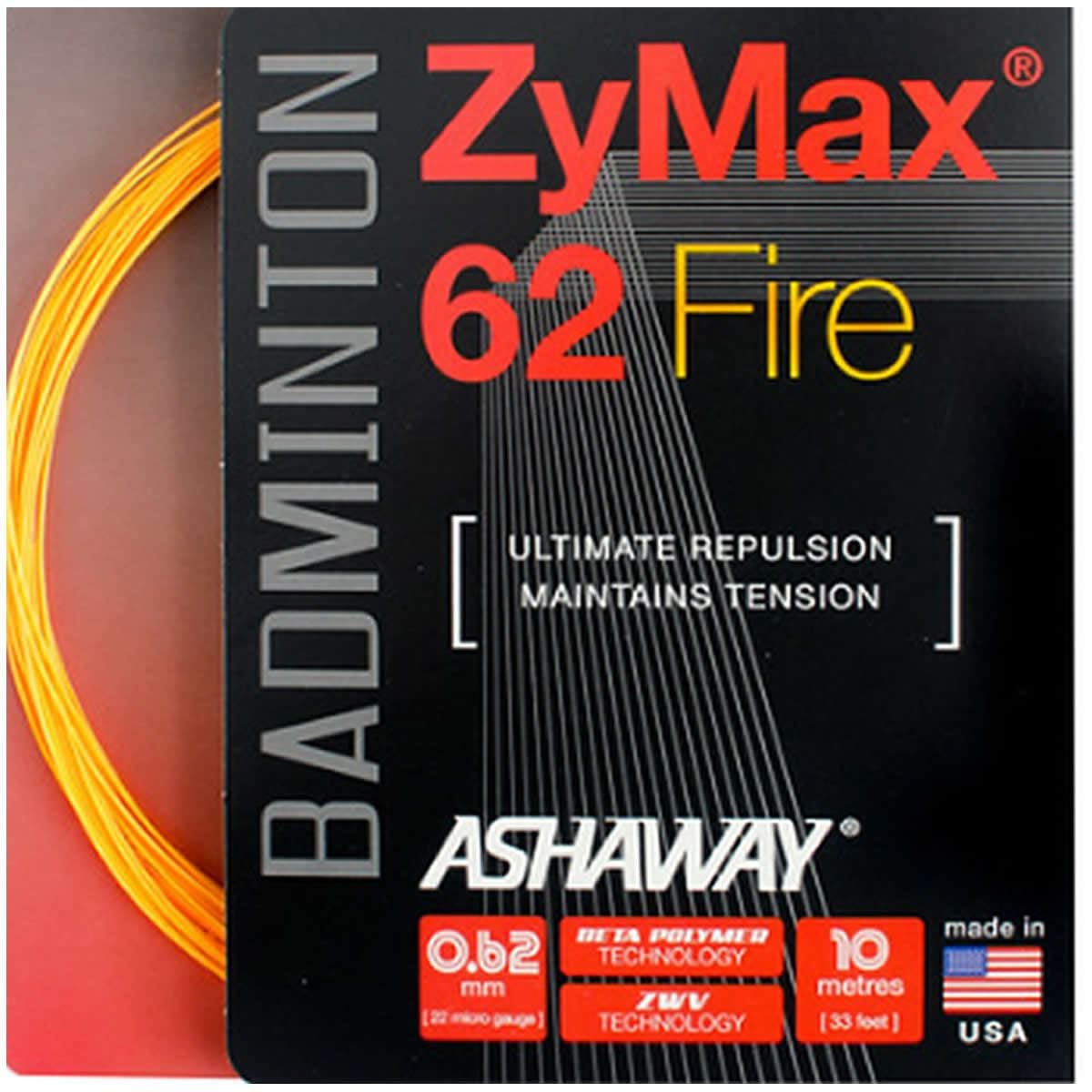 Close-up of an Ashaway Zymax 62 Fire badminton string package, showcasing the label "Ultimate Repulsion, High Performance Playability." The image displays an orange string with specifications including a diameter of 0.62 mm, a length of 10 meters, and its origin in the USA.