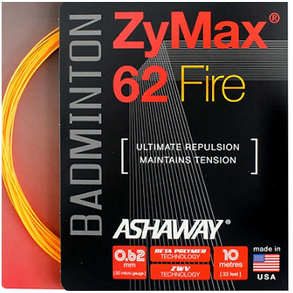 Close-up of an Ashaway Zymax 62 Fire badminton string package, showcasing the label "Ultimate Repulsion, High Performance Playability." The image displays an orange string with specifications including a diameter of 0.62 mm, a length of 10 meters, and its origin in the USA.