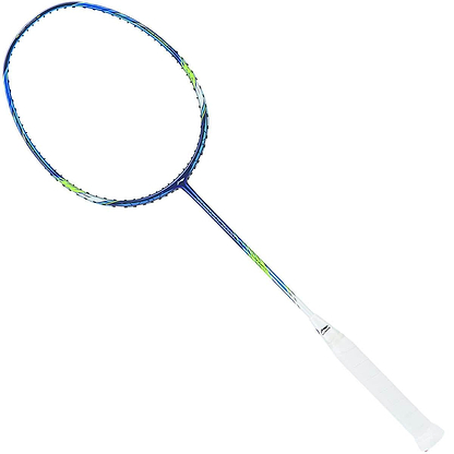 The image showcases the Li-Ning Aeronaut 7000 badminton racket, known for its precise control. Its design features a blue and green color scheme with white accents on the frame, while the handle is wrapped in white grip tape. The racket is displayed against a plain white background.