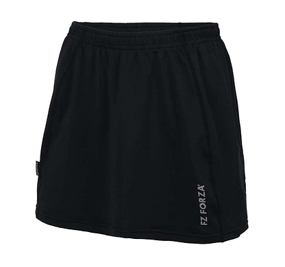 The Forza Zari Girls/Women's Badminton Skort/Skirt by FZ Forza is a sleek black design, featuring "FZ FORZA" in white on the lower right. Equipped with an elastic waistband and integrated tights, it provides both simplicity and functionality ideal for athletic activities.