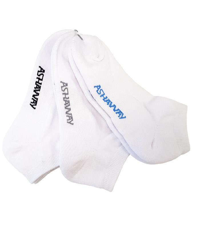 Ashaway Badminton Trainer Socks - White 3 Pack feature the "ASHWAY" logo on the sides in black, gray, and blue. Designed for comfort and performance, these socks are displayed overlapping each other.