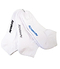 Ashaway Badminton Trainer Socks - White 3 Pack feature the "ASHWAY" logo on the sides in black, gray, and blue. Designed for comfort and performance, these socks are displayed overlapping each other.