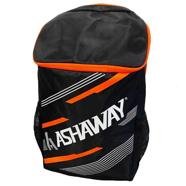 The Ashaway AHS 09 Haversack Badminton Backpack in black and lava orange showcases the Ashaway brand name in bold white letters. This fashionable backpack features a zippered top, side mesh pockets, diagonal white stripes, and a convenient racket holder for a sporty design.