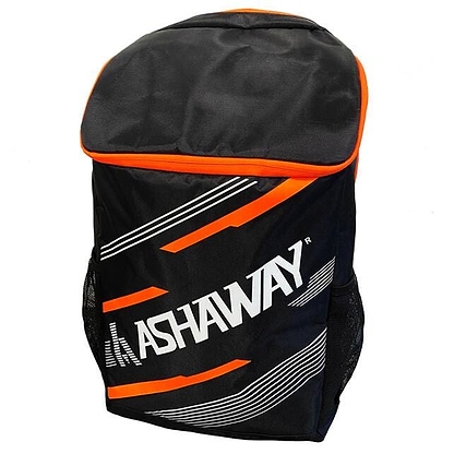 The Ashaway AHS 09 Haversack Badminton Backpack in black and lava orange showcases the Ashaway brand name in bold white letters. This fashionable backpack features a zippered top, side mesh pockets, diagonal white stripes, and a convenient racket holder for a sporty design.