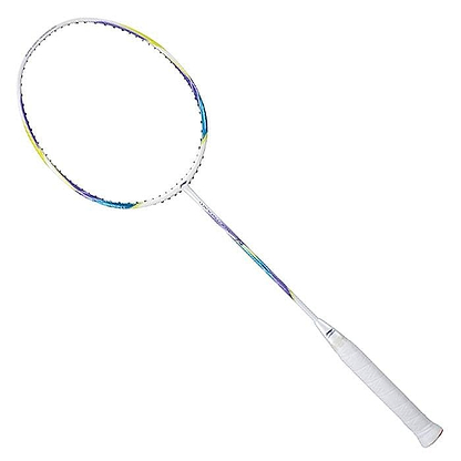 The Li-Ning Windstorm 74 Badminton Racket - White, an ultralight option from the Li-Ning brand, features a multicolored frame in shades of blue, yellow, and purple with a white grip. Its dynamic-optimum frame is skillfully angled against a plain white background.