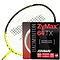 A yellow and black badminton racket equipped with Ashaway Zymax 64 TX Badminton String features a white string in a 0.64mm thickness and comes in a 10m packet. The packaging details the string's textured coating, tension maintenance, BETA polymer fibers, and highlights the advanced ZyWeave technology designed for optimal performance.