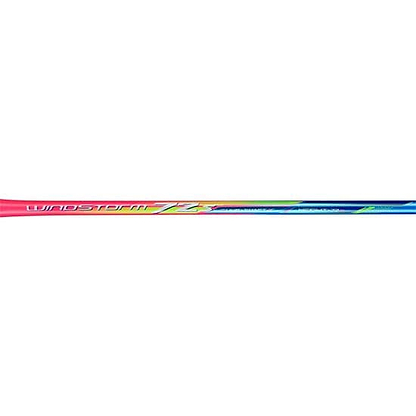 Close-up of a vibrant Li-Ning Windstorm 72S badminton racket shaft featuring a gradient design in pink, blue, and yellow hues. The word "Windstorm" is visible on the lightweight shaft, perfect for players who prefer a head heavy balance. The background is plain white.