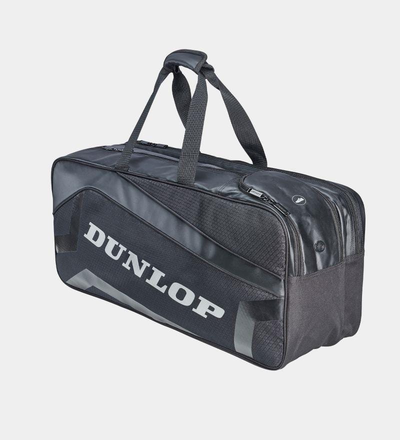 The Dunlop Elite Rectangular Badminton Bag in black features dual handles and zippered compartments with a white brand logo. It includes a ventilated shoe compartment to keep your gear separate and fresh.