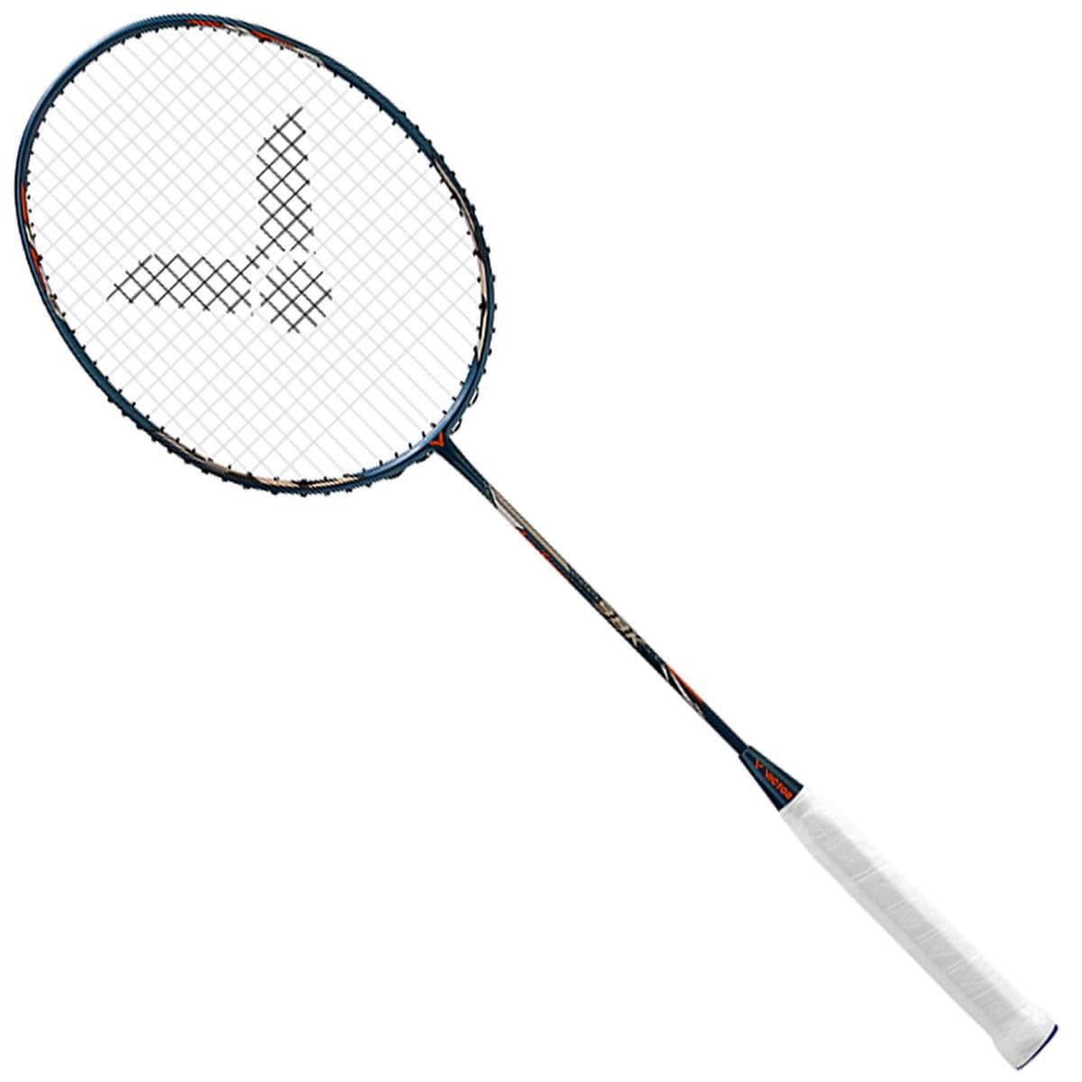 Introducing the Victor Auraspeed 98K Badminton Racket by Victor, designed for speed-type performance with a sleek, headlight frame. This racket features a striking black frame accompanied by an intricate string pattern, white grip, and a subtly colorful design on the shaft to deliver powerful offensive shots. Presented diagonally against a white background.