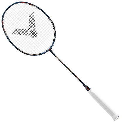 Introducing the Victor Auraspeed 98K Badminton Racket by Victor, designed for speed-type performance with a sleek, headlight frame. This racket features a striking black frame accompanied by an intricate string pattern, white grip, and a subtly colorful design on the shaft to deliver powerful offensive shots. Presented diagonally against a white background.