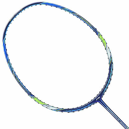 A close-up of the Li-Ning Aeronaut 7000 Badminton Racket - Blue Green highlights its blue, green, and white color scheme. The racket is positioned to display its oval-shaped frame and string pattern against a white background, providing players with precise control on the court.