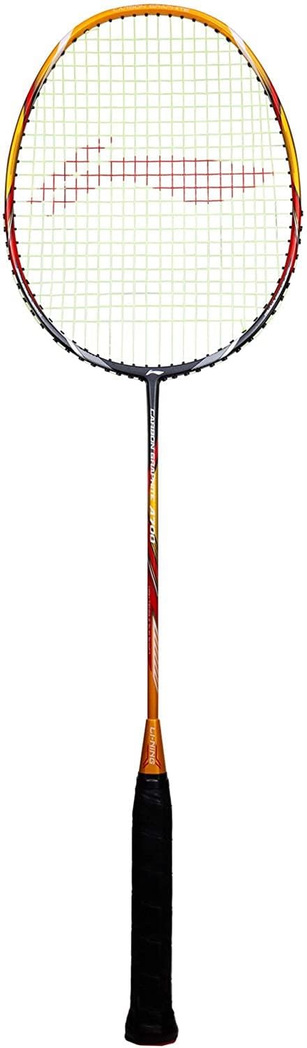 The Li-Ning Carbon Series A700 Badminton Racket - Gold / Black features a stylish black grip and a multicolored frame adorned with a mesh string pattern. As part of the Carbon Series, its Dynamic-Optimum Frame enhances your gameplay with precision and power.