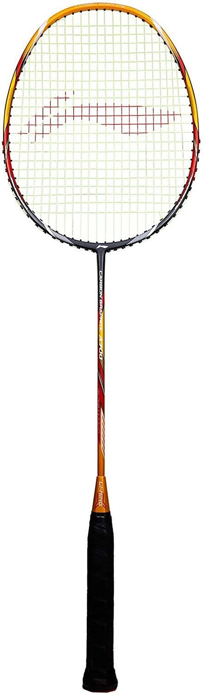 The Li-Ning Carbon Series A700 Badminton Racket - Gold / Black features a stylish black grip and a multicolored frame adorned with a mesh string pattern. As part of the Carbon Series, its Dynamic-Optimum Frame enhances your gameplay with precision and power.
