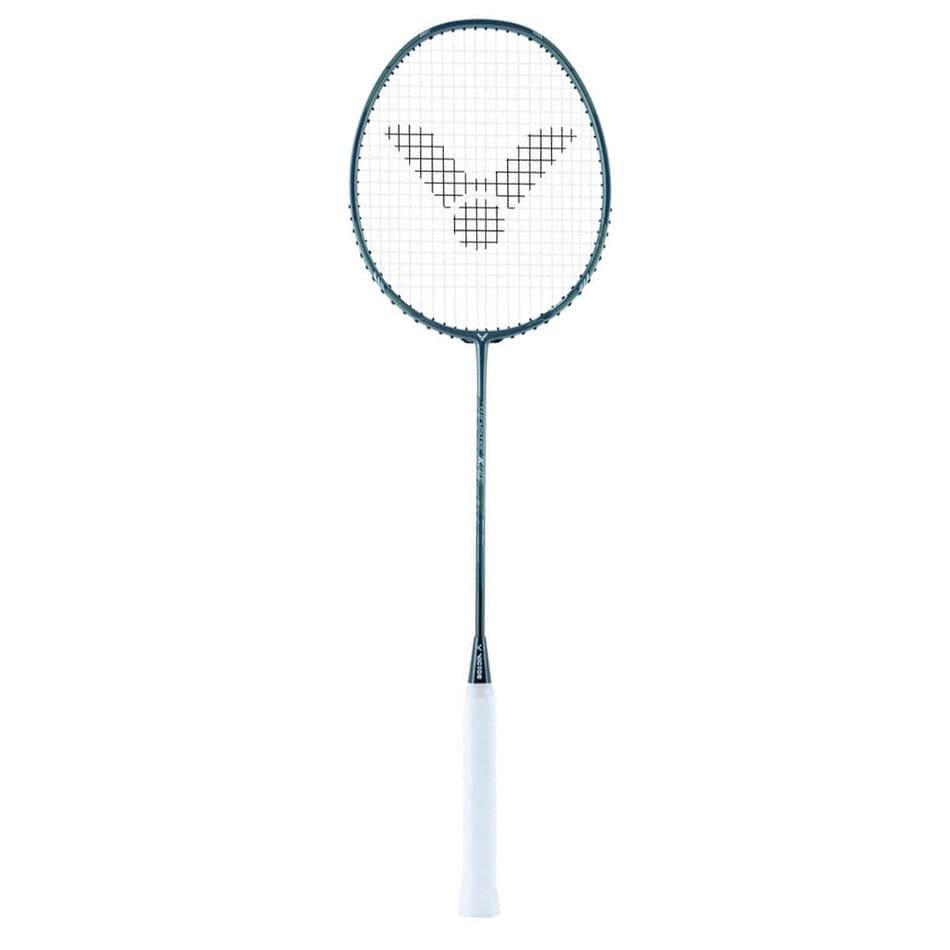 The Victor Thruster K66 Badminton Racket - Blue, by Victor, is a lightweight racket featuring a black frame and white handle grip. Its string area is adorned with a geometric "V" design complemented by advanced technologies, set against a plain white background that emphasizes its sleek elegance.