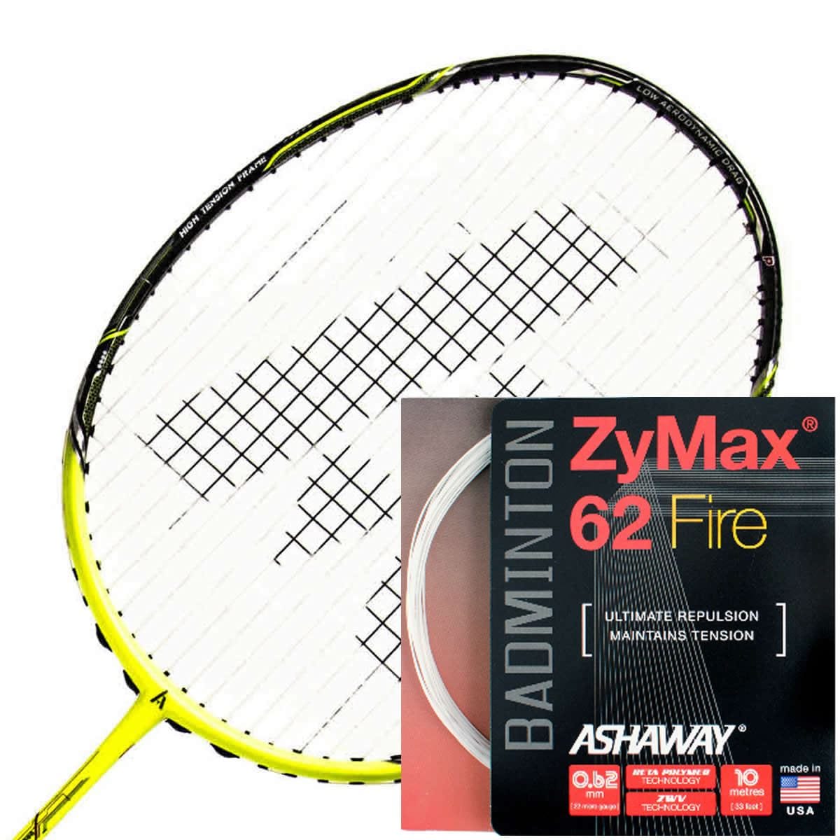 A badminton racket featuring black and yellow accents is displayed next to the Ashaway Zymax 62 Fire Badminton Strings in white, renowned among professional players for their exceptional repulsion and tension maintenance.