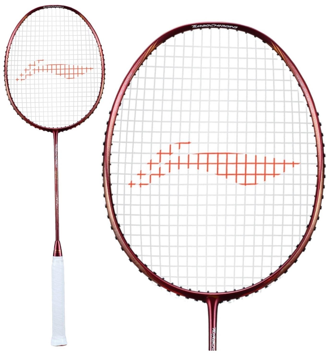 Li-Ning presents the Turbo Charging 80 Badminton Racket, a red racket featuring a white grip and red strings with a unique design on them. Renowned for its aerodynamic efficiency, it is displayed in both full and close-up views.