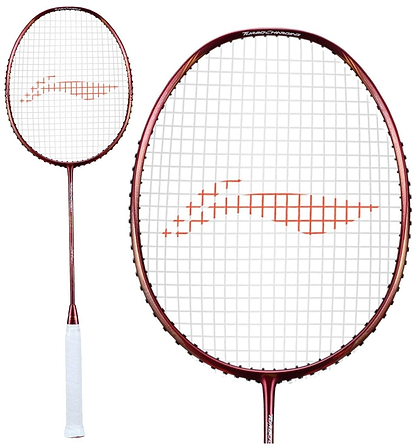 Li-Ning presents the Turbo Charging 80 Badminton Racket, a red racket featuring a white grip and red strings with a unique design on them. Renowned for its aerodynamic efficiency, it is displayed in both full and close-up views.