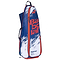 The Babolat Backracq Badminton Bag, in a stylish navy blue and white color scheme, showcases a bold logo design. This practical bag includes a convenient zipper, a dedicated shoe compartment, and a shoulder strap for easy carrying.