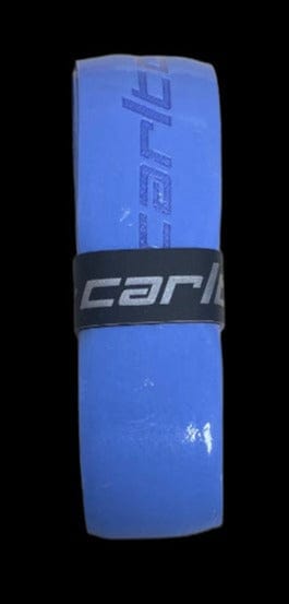 A rolled-up blue handlebar tape labeled "Carlton" in black, designed with a cushioned grip for comfort.