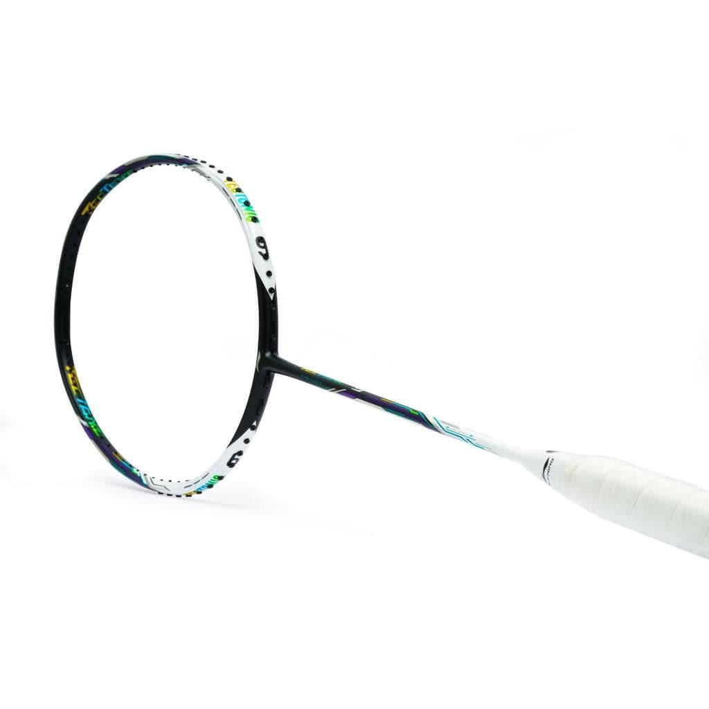 The Li-Ning TecTonic 9 4U Badminton Racket is elegantly displayed against a white background, showcasing its black and white frame with striking accents. Made from T1100G military grade carbon fibre, this racket includes a white grip handle designed to enhance precision play and durability.
