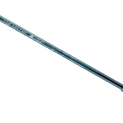 Close-up of the lightweight shaft of a Victor Thruster K66 Badminton Racket - Blue by Victor, featuring the text "Thruster K 66" and highlighting its advanced technologies against a white background.