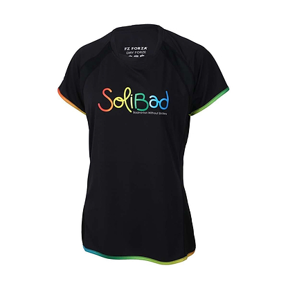 The FZ Forza Bulgur Solibad Badminton T-Shirt is a stylish black top with vibrant rainbow trim on the sleeves and hem. It prominently features "Solibad" in colorful lettering on the front, making it an ideal choice for the badminton community. Additionally, small text near the collar emphasizes its connection to the sport.