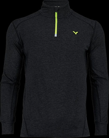 The Victor Badminton Longsleeve Black melánge 5929 Top by Victor features a high collar, partial neon green zipper, and a small left chest logo. Made from lightweight fabric, it is soft and fitted for active wear.