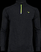 The Victor Badminton Longsleeve Black melánge 5929 Top by Victor features a high collar, partial neon green zipper, and a small left chest logo. Made from lightweight fabric, it is soft and fitted for active wear.