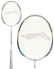 A close-up of the Li-Ning Windstorm 74 Badminton Racket - White against a white background showcases its ultralight design. This Li-Ning racket features a Dynamic-Optimum Frame with colorful detailing and a white handle, while the tightly woven strings display an eye-catching red pattern at the center.