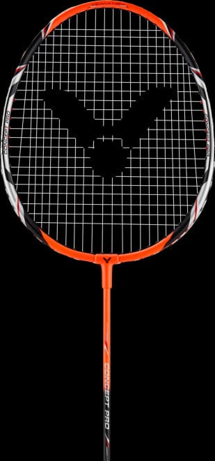 Close-up of the robust Victor Concept Pro Badminton Racket by Victor, showcasing a striking orange and black color design set against a sleek black backdrop. The strings intricately create a V-shaped logo in the center of the frame.