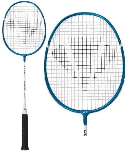 The Carlton Maxi-Blade ISO 4.3 Junior Badminton Racket in white and blue is ideal for training, featuring a black grip and a geometric string pattern on its head. This racket, perfect for junior players looking to improve their skills, is shown in two perspectives: a full view and an up-close shot of the racket head.