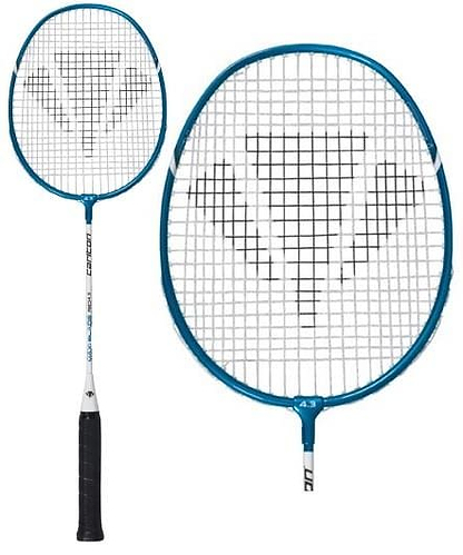 The Carlton Maxi-Blade ISO 4.3 Junior Badminton Racket in white and blue is ideal for training, featuring a black grip and a geometric string pattern on its head. This racket, perfect for junior players looking to improve their skills, is shown in two perspectives: a full view and an up-close shot of the racket head.
