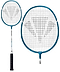 The Carlton Maxi-Blade ISO 4.3 Junior Badminton Racket in white and blue is ideal for training, featuring a black grip and a geometric string pattern on its head. This racket, perfect for junior players looking to improve their skills, is shown in two perspectives: a full view and an up-close shot of the racket head.