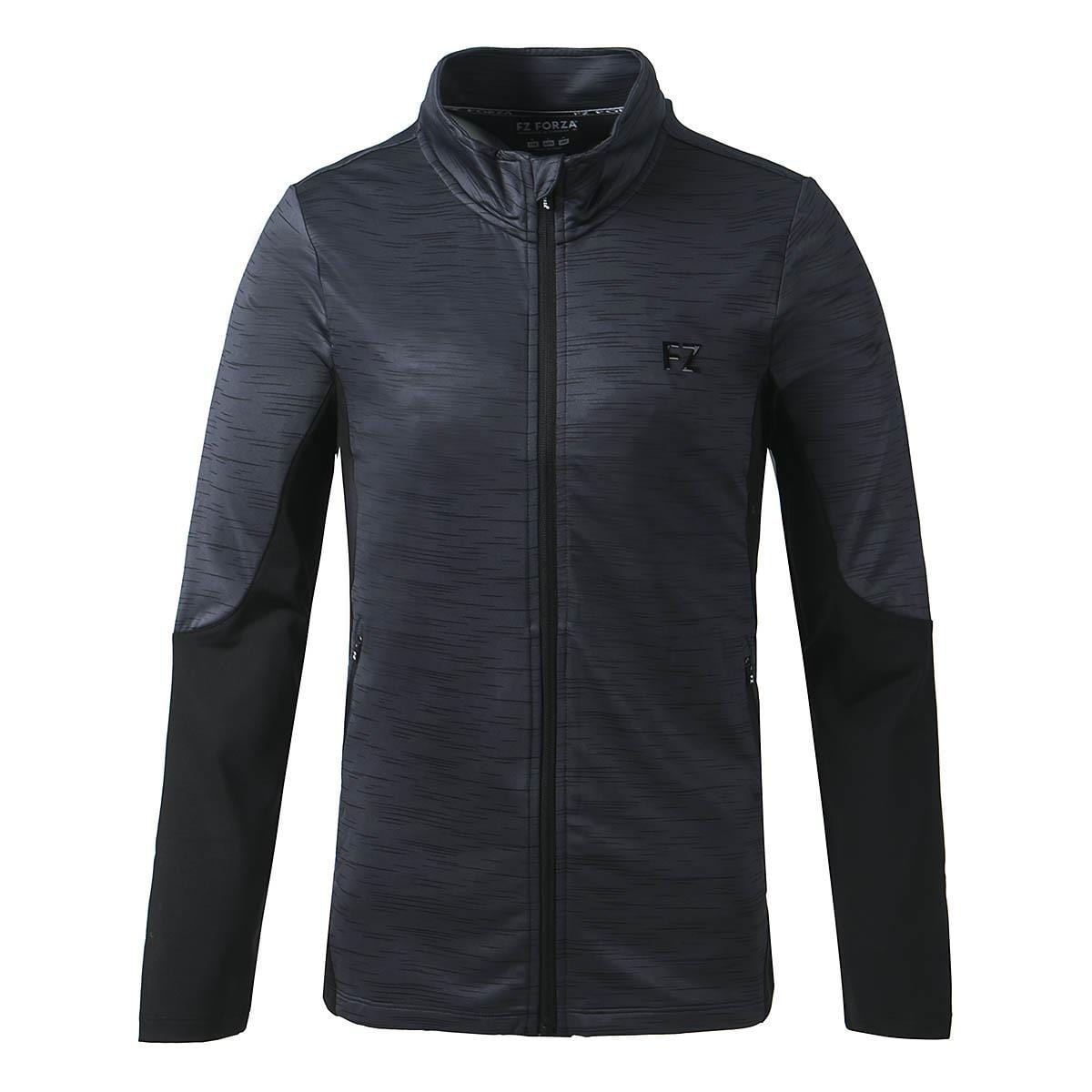 The FZ Forza Savoy Women's Badminton Jacket in black showcases a sleek, minimalist design with a high collar and long sleeves. Its stretchable fabric incorporates Dryforze technology, complete with a subtle pattern and discreet logo on the chest area for added sophistication.
