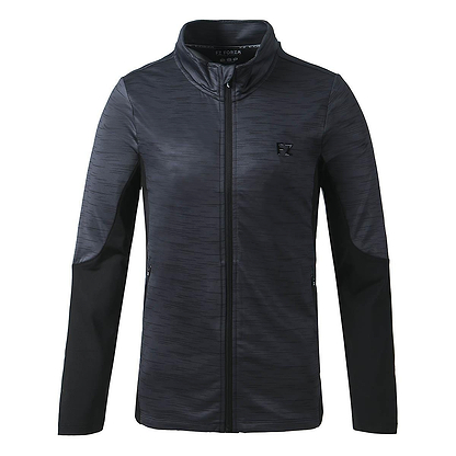 The FZ Forza Savoy Women's Badminton Jacket in black showcases a sleek, minimalist design with a high collar and long sleeves. Its stretchable fabric incorporates Dryforze technology, complete with a subtle pattern and discreet logo on the chest area for added sophistication.