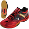 The Victor SH A920 Red Badminton Shoes by Victor feature a striking red and black color scheme with a gold accent and black laces. These shoes offer lateral support, and their sole combines yellow and black patterns for an excellent grip, ideal for indoor sports. With its sleek, modern design, these shoes are perfect for the dynamic movements of a badminton player.