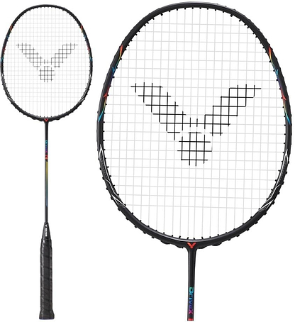 The Victor Drive XR Badminton Racket by Victor boasts a sleek modern black frame and strings, with the brand's logo pattern prominently displayed on the head. The textured black grip offers comfort, while its head-light design enhances agility. It is presented in two angles: one showing a full view and another offering a close-up of the racket's head.