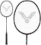 The Victor Drive XR Badminton Racket by Victor boasts a sleek modern black frame and strings, with the brand's logo pattern prominently displayed on the head. The textured black grip offers comfort, while its head-light design enhances agility. It is presented in two angles: one showing a full view and another offering a close-up of the racket's head.
